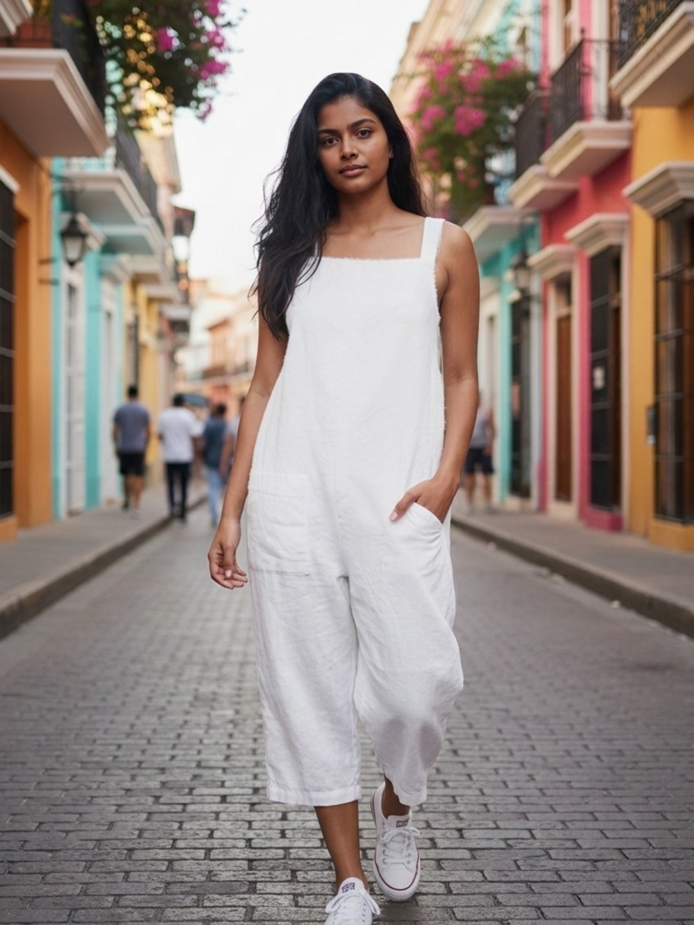 Claude Tulum Relaxed White Square-Neck Linen Jumpsuit with Pockets